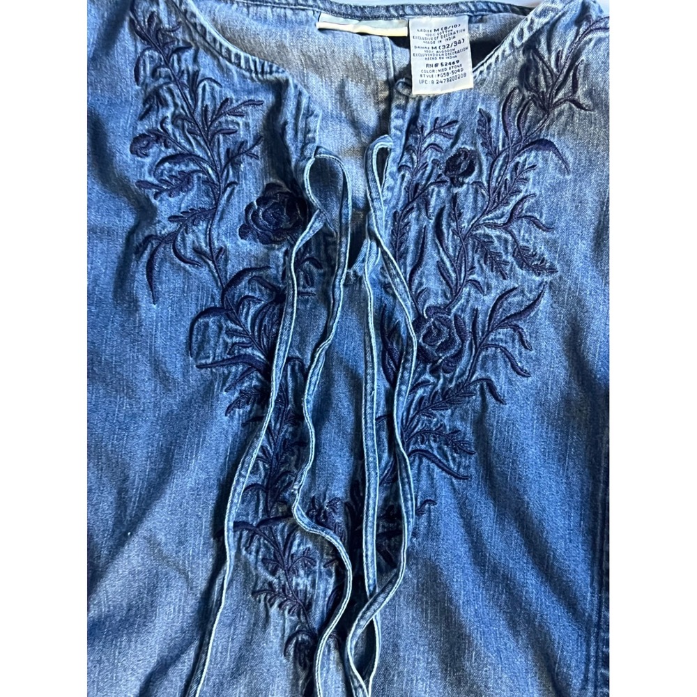 Faded Glory Womens Denim Embroidered Tunic Blouse Boho Lace Up Blue Size Medium - Picture 6 of 7